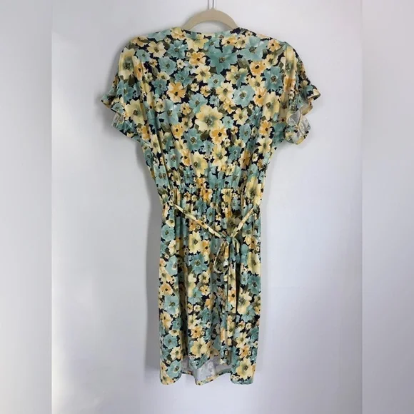 French Grey Dress Yellow/ Green Floral V Neck Tie Waist Short Sleeve- Med - Picture 3 of 6